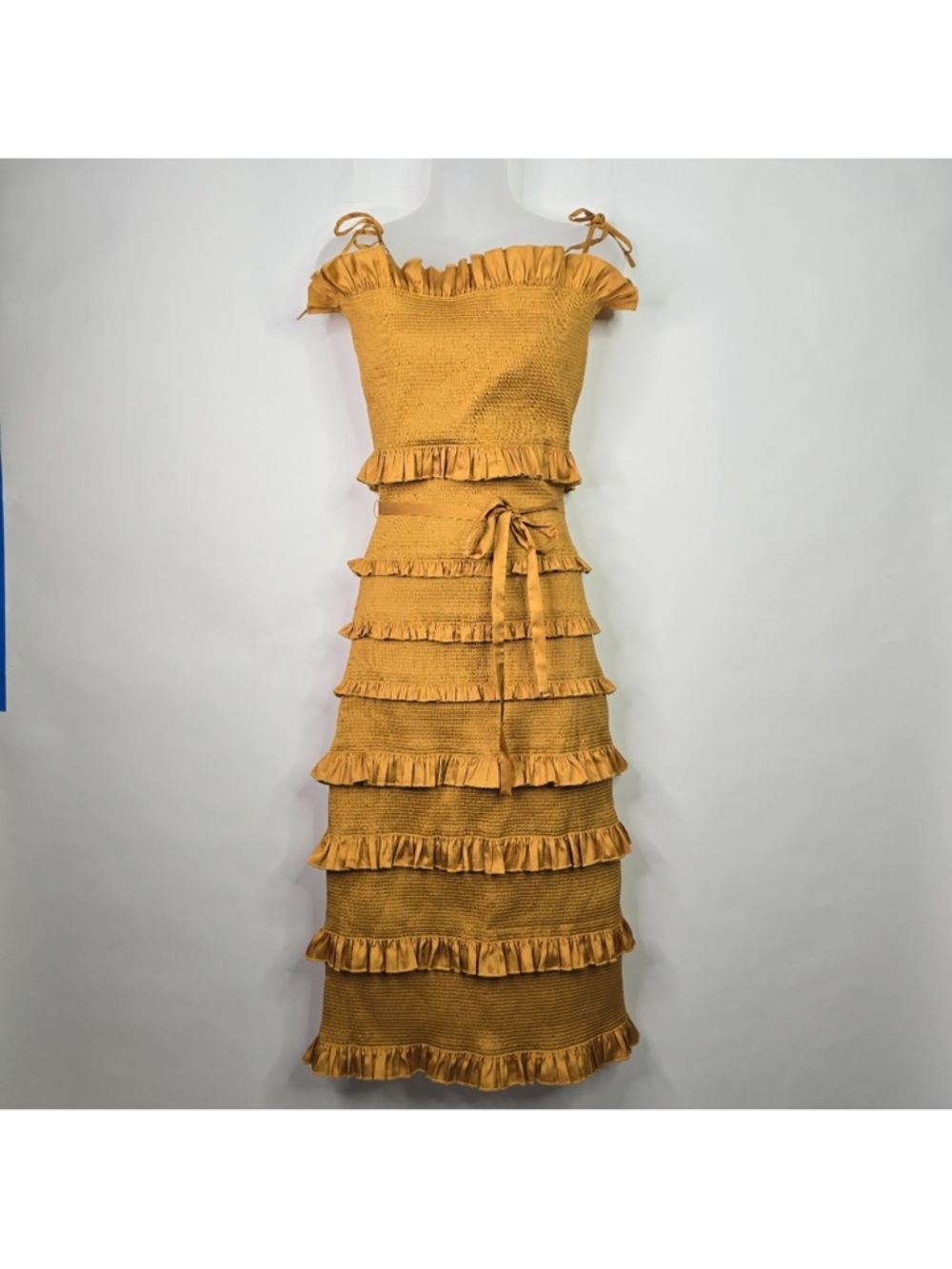 V. Chapman Lily Ruched & Ruffled Stretch Satin Midi Dress Mustard - Picture 6 of 9